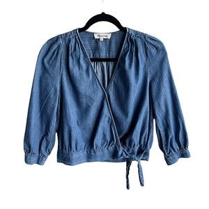 Madewell True Wrap Top Blue Chambray Tie Waist 3/4 Length Sleeves